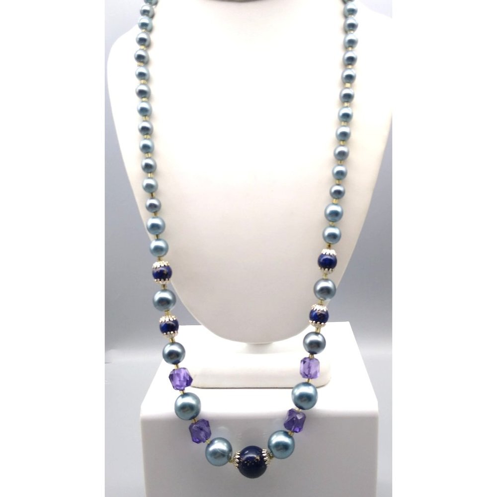 Vintage Slate Blue Long Beaded Necklace, Lovely Pastel Strand with Purple Lucite
